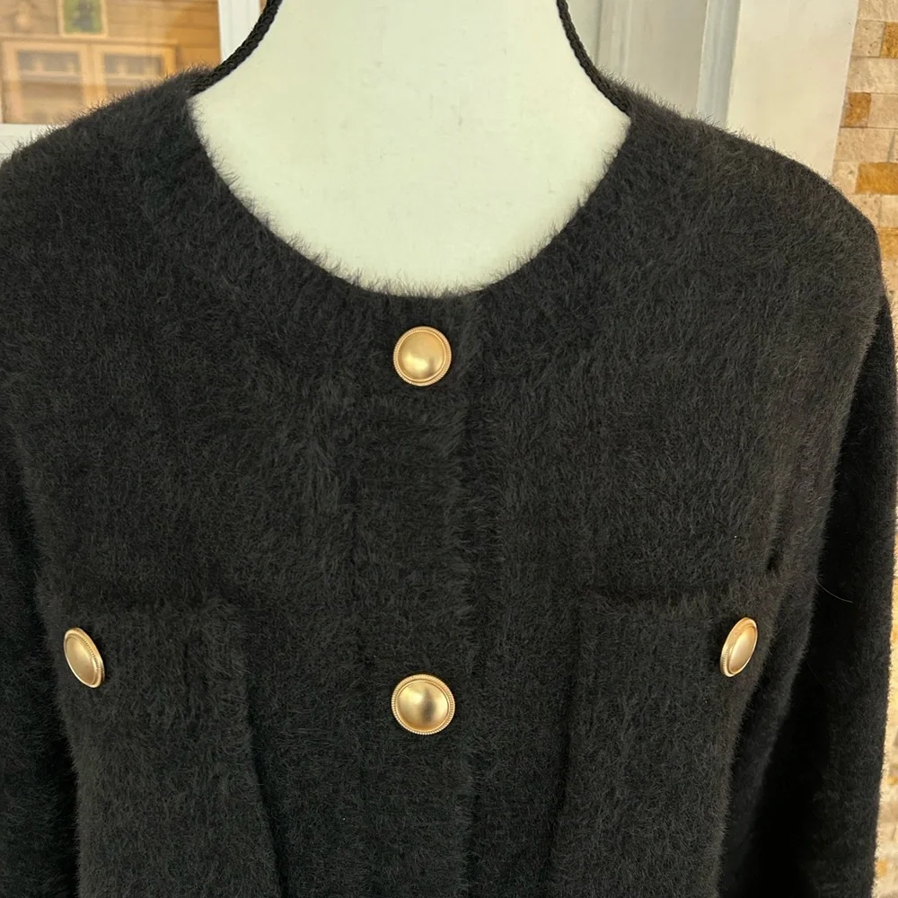 VENUS Black Fuzzy Button-Front Cardigan with Gold Buttons